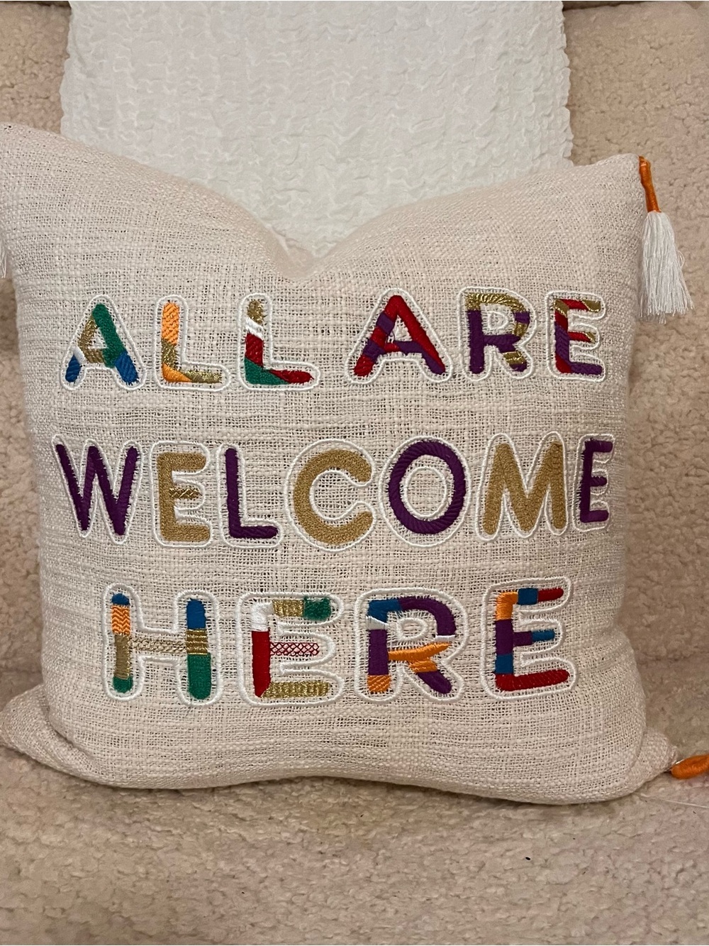 All Are Welcome Embroidered Accent Pillow - Multicolor Letters